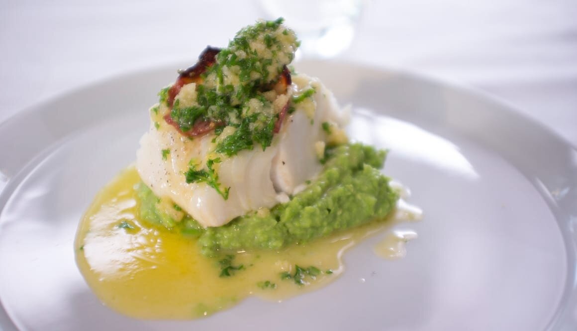 Cabillaud de Norvège, bacon et purée de petits pois
