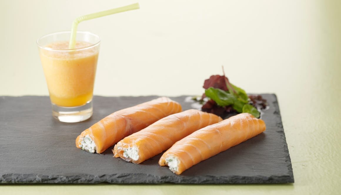 Saumon de Norvège fumé au chèvre frais et gaspacho de melon