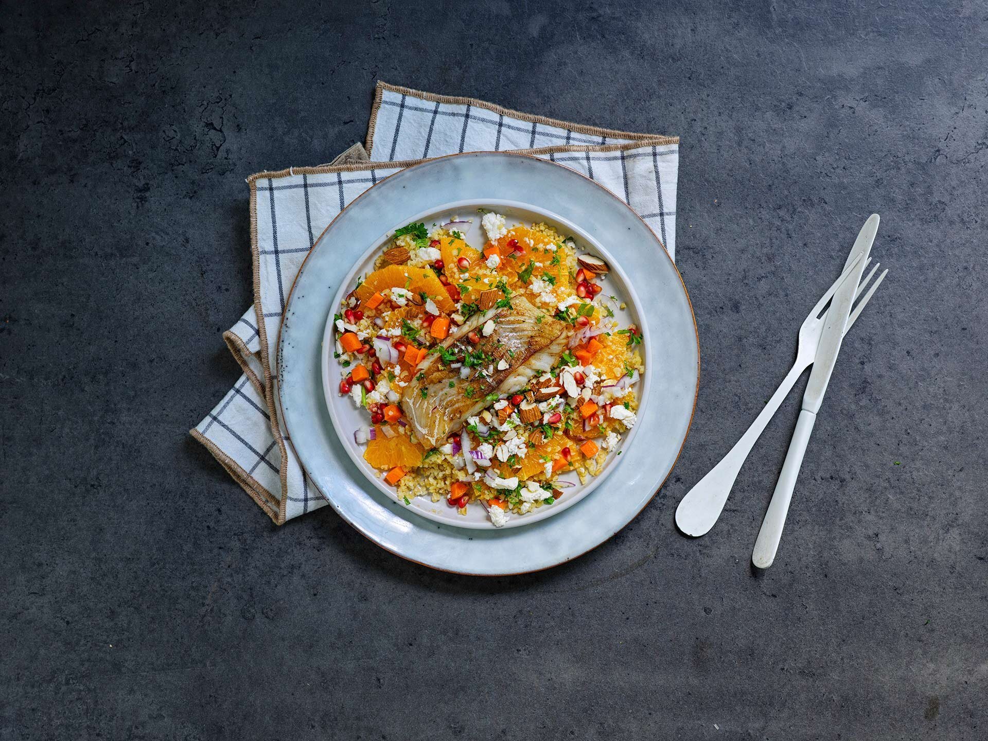 Lieu noir au four et taboulé tiède