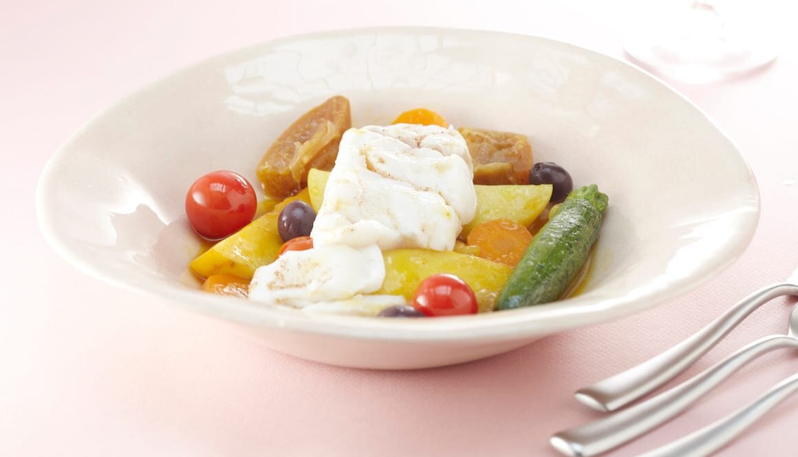 Cabillaud de Norvège aux épices douces et tajine de légumes d’été