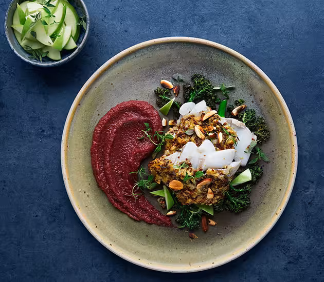 Lieu noir de Norvège au four et sa purée de pommes de terre et betteraves