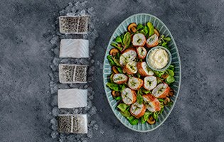 Skrei norvégien bardé au jambon, accompagné d’une purée de topinambours