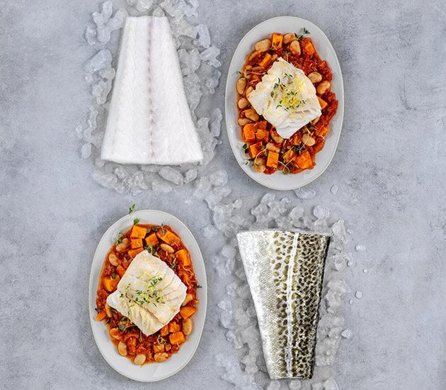 Skrei norvégien poêlé aux haricots, patates douces et thym